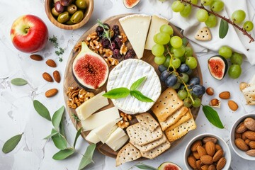 Gourmet cheese platter with fruits and nuts on white. Neural network AI generated