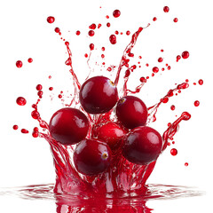 Bright Glossy Cranberries Splashing Into Water Isolated on Transparent Background