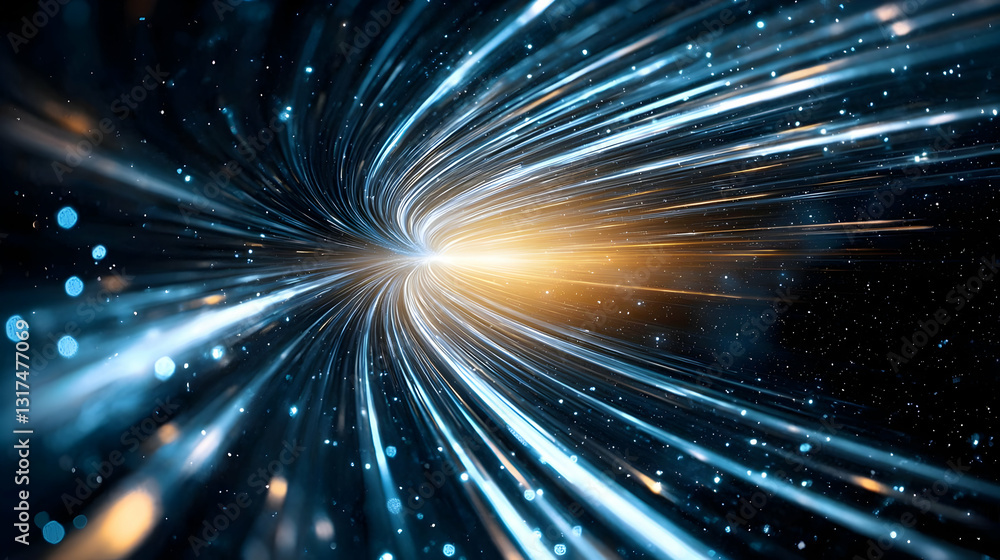 Poster dynamic light speed tunnel effect with blue and white streaks on a dark background with glowing part
