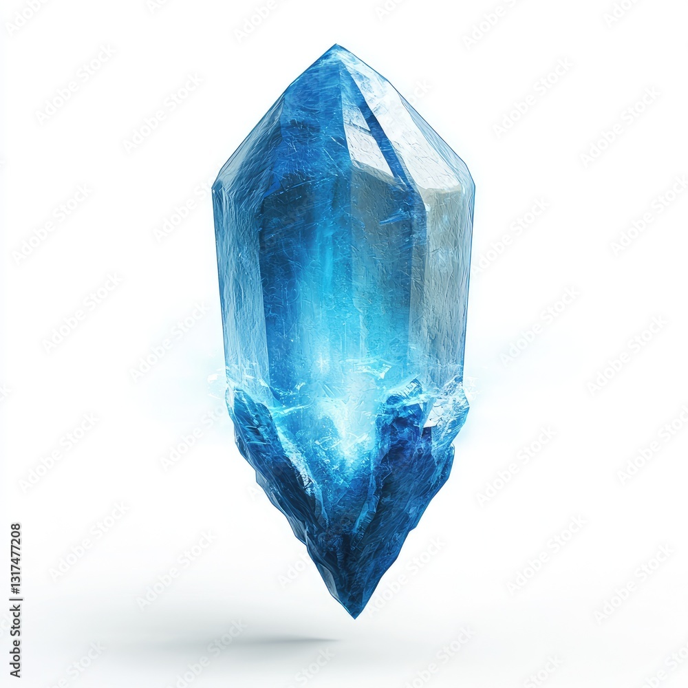 Poster a d floating crystal with sharp, angular edges, isolated on a white background and glowing from with