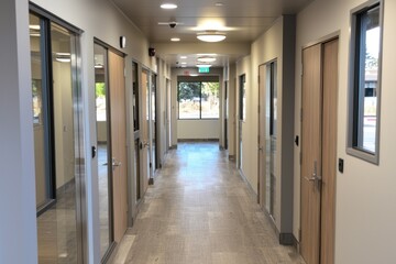 Modern hall with doors, glass walls, light grey floor. Clean, simple space