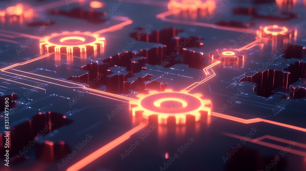 Poster Marketing automation system visualized glowing gears transferring data across radiant pathways