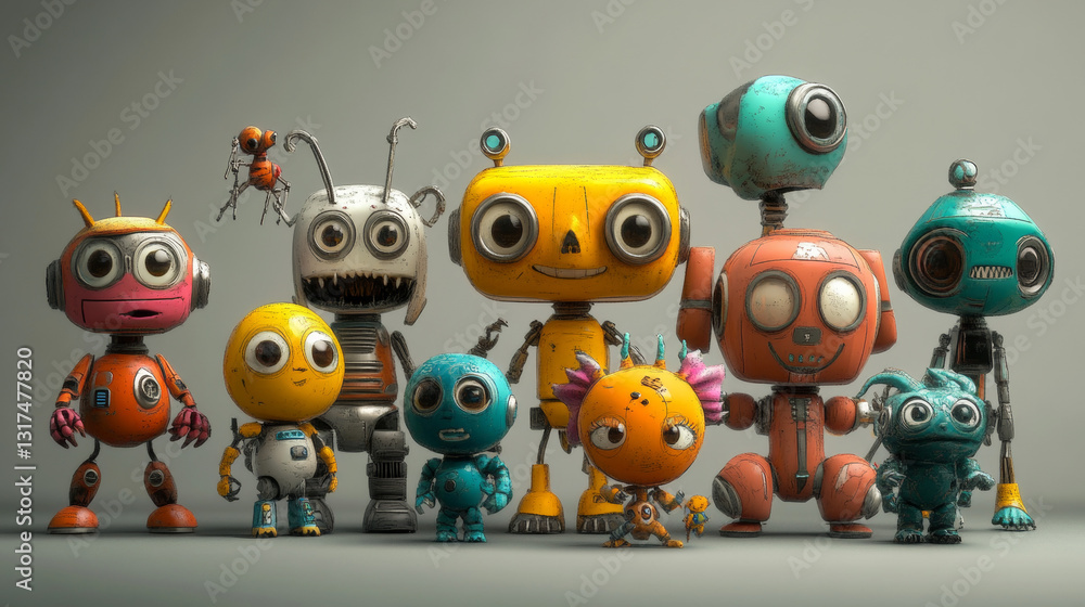 Poster robots collection on vector robotic characters illustration isolated on white. robotized toys in iso