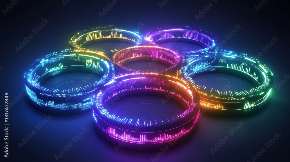 Poster Marketing mix visualized glowing interlocking circle each vibrant distinct data point
