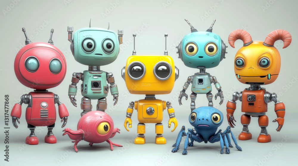 Poster robots collection on vector robotic characters illustration isolated on white. robotized toys in iso