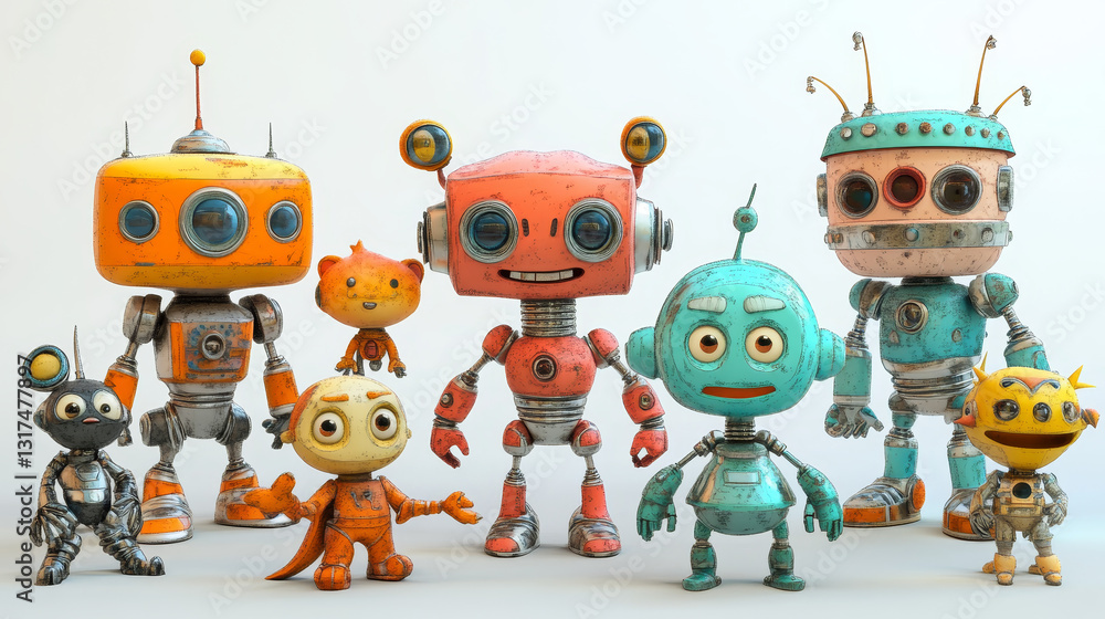 Aufkleber robots collection on vector robotic characters illustration isolated on white. robotized toys in iso