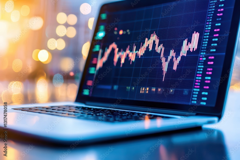 Poster laptop displaying stock market graphs with financial data and blurred background