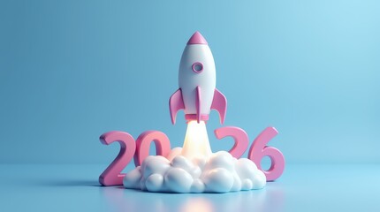 3D Text 2026 year rocket launch. 3D Rendering. New Year, christmas. Successful business startup. Creative motivation with copy space