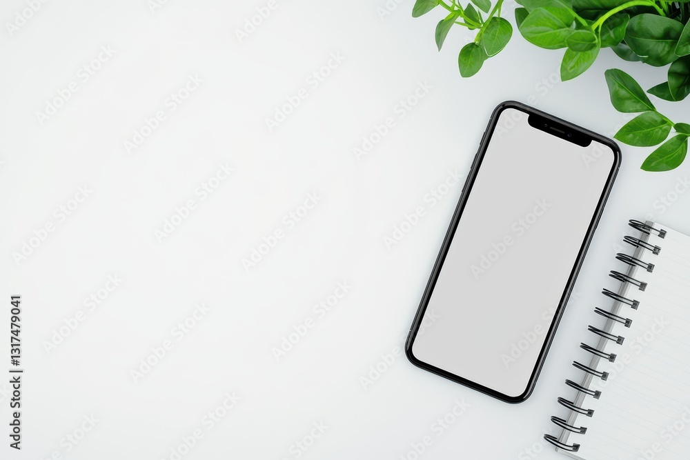 Poster Minimalist Office Setup with Phone and Notepad on a Clean White Background