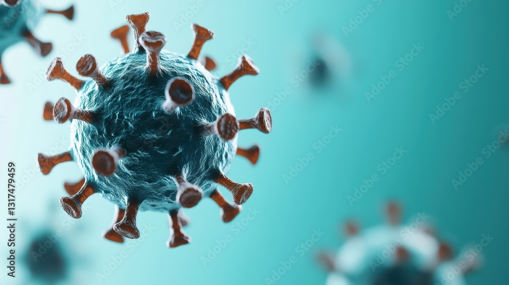 Poster close-up view of realistic 3d rendered virus particles on a vibrant background