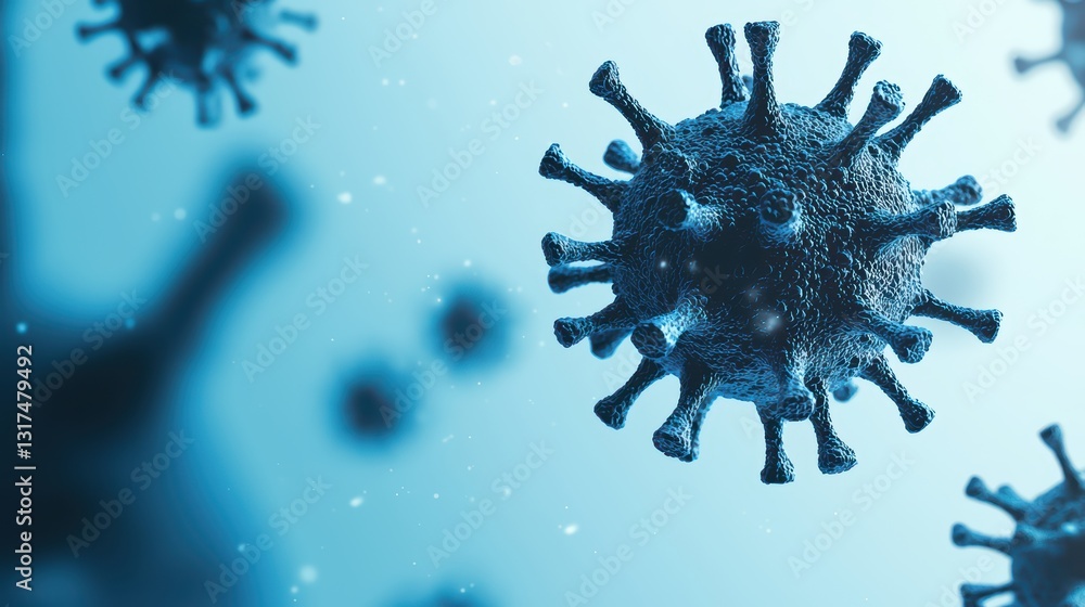 Poster realistic 3d rendered close-up of virus particles in a blue background with soft lighting