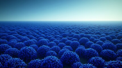 Endless field of blue spherical plants under a clear sky.