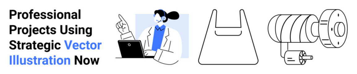 Female engineer pointing at design while using a laptop, blueprint outline, and machinery part sketch. Ideal for engineering, design, technology, innovation, manufacturing, teamwork flat landing