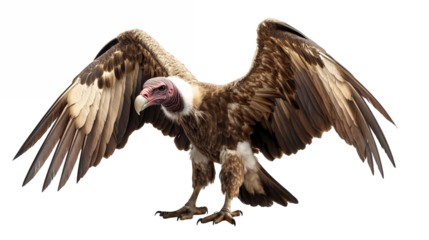 Striking vulture perched with wings partially spread isolated on a transparent background 