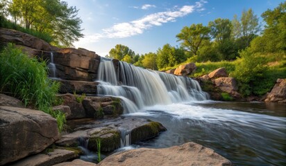 Fototapeta premium Long Exposure Shot of a Flowing Waterfall Under a Clear Blue Sky During Daytime Generative AI