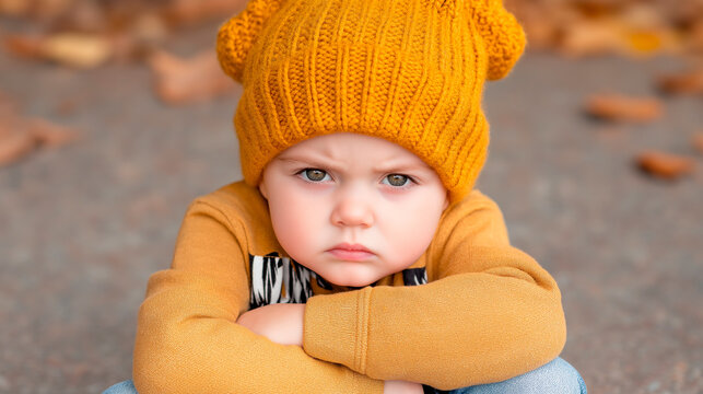 A grumpy young child in a mustard yellow knitted hat and sweater sits outdoors with crossed arms. His serious expression and cozy autumn outfit create a charming seasonal portrait. - Powered by Adobe