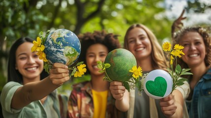 Four smiling young women activists are holding small globes and a green heart with yellow flowers, showing their love for planet earth and celebrating earth day
