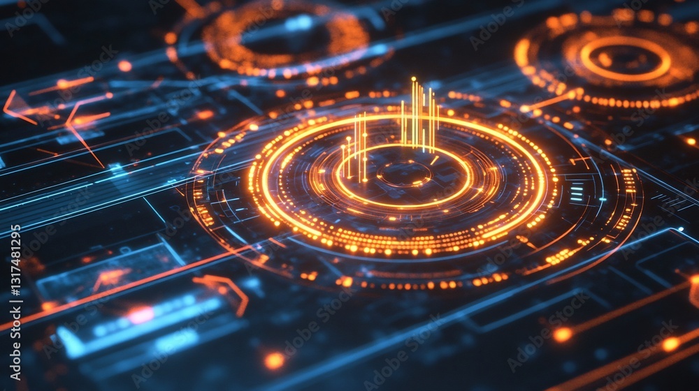 Poster Retargeting strategy portrayed concentric glowing circles highlighting key data points a futuristic display