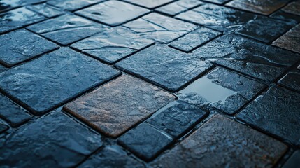 Realistic Wet Pavement Texture with Water Reflections on Dark Stone Tiles