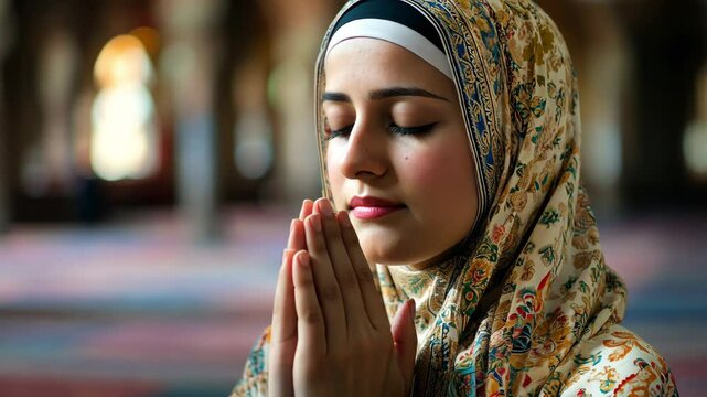 Young muslim woman praying alone in temple