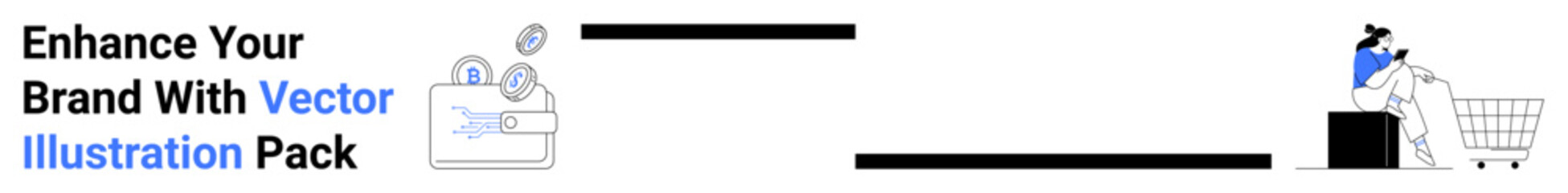 Man pushing shopping cart with bags, wallet with coins representing online shopping, savings, and transactions. Ideal for ecommerce, finance, marketing, budgeting, digital payments advertising flat