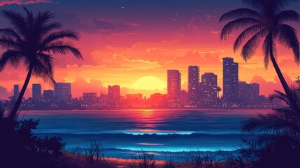 Vibrant Sunset over Coastal Cityscape