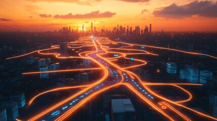 Roadmap glowing pathways key milestones set against a futuristic urban skyline at sunset