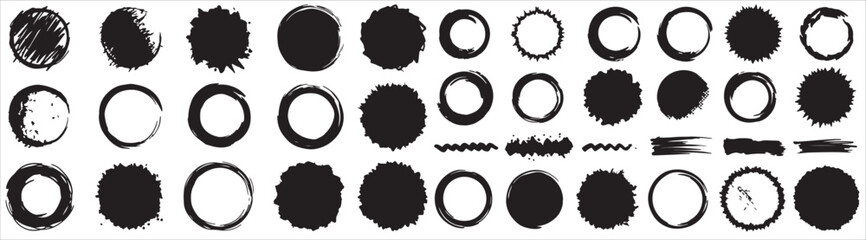 Black and white vector set of metal ball silhouettes and circular design elements