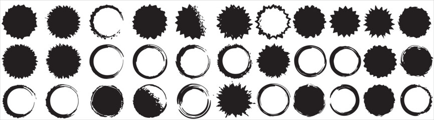 Silhouettes of Trees and Grass Vector Set with Vintage Circular Design