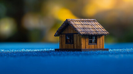 Small bamboo cottage replica sitting on bright blue textured surface