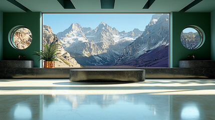 Luxury bathroom with panoramic window overlooking snow capped mountains
