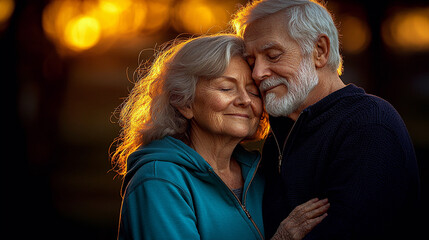 Elderly white couple sharing tender moment in golden hour lighting