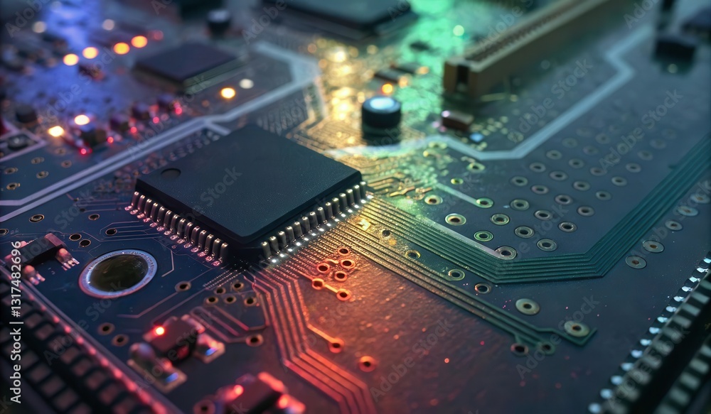 Poster glowing circuit board macro shot showcasing intricate electronic components and connections generati