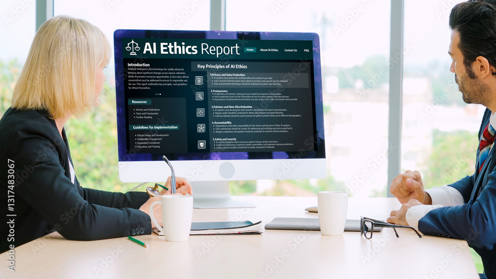 Poster ai ethics responsibility standard law and rules on computer screen provide report of ai ethic transp