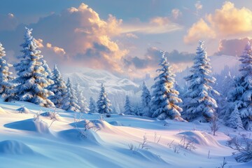 Fototapeta premium Snowy sunset in pine forest captures tranquil winter scene. Neural network AI generated