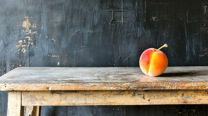 Ripe peach on rustic wooden table against dark background; food photography for cookbook or website