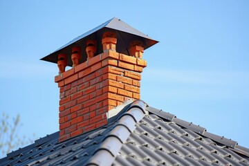 Brick chimney on modern roof against blue sky. Neural network AI generated