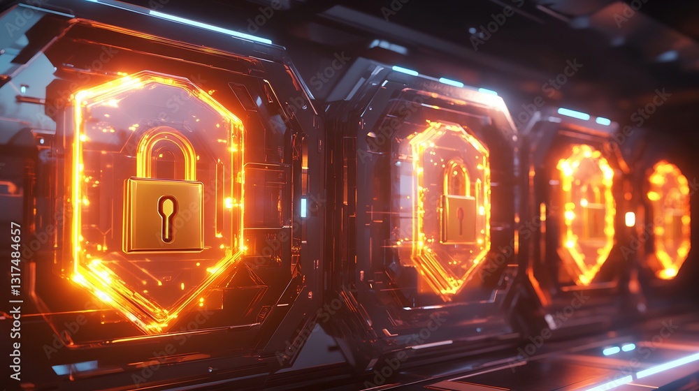 Poster trust visualized glowing locks radiant shields in a futuristic digital environment