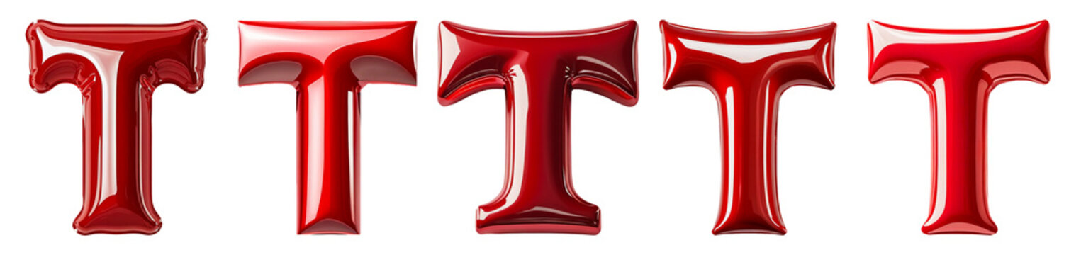 Five Vibrant Red Balloon Ts Celebrate A Playful Party With Glossy, Inflated Surfaces Against A Clean White Backdrop Isolated on Transparent Background
