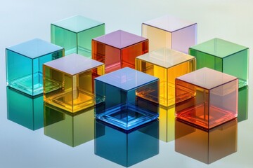 Fototapeta premium Colorful transparent glass cubes arranged on a bright, reflective surface