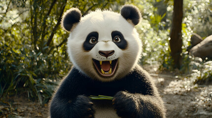 Fototapeta premium Happy panda eating bamboo in lush forest. Ideal for children's books, cards, or nature documentaries