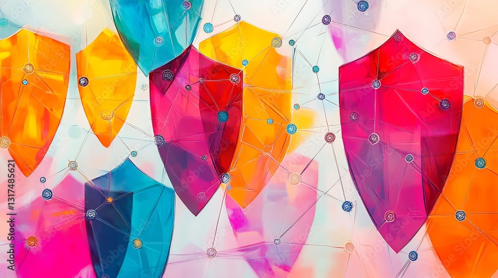 Poster Vibrant abstract rendering of consumer trust showcasing symbolic shields interconnected dots security