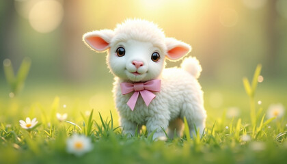 Fototapeta premium Cute lamb smiling on green grass background