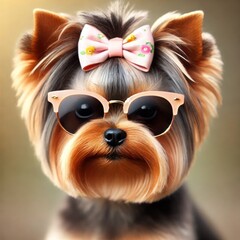 Adorable Yorkshire Terrier in Sunglasses and a Floral Bow