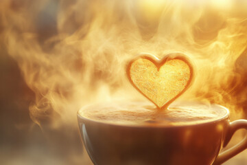 Steam forms a heart over a warm cup of coffee, creating a cozy and romantic atmosphere.