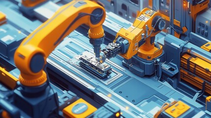 Robotic arms assemble electronics on automated factory line