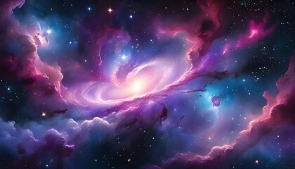 A cosmic sky filled with swirling galaxies, shimmering stars, and iridescent nebula clouds in shades of deep purple, magenta, and midnight blue, ethereal and dreamy.