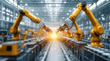 Robotic arms welding on assembly line, factory automation