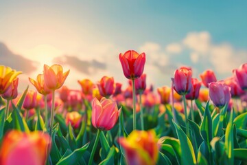 Amazing white tulip flowers blooming in a tulip field, against the background of blurry tulip flowers in the sunset light. Neural network ai generated