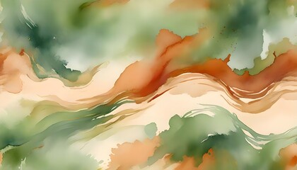 A hand-painted watercolor background in soft earth tones like sage green, sandy beige, and warm terracotta, organic brushstrokes, smooth and flowing texture
